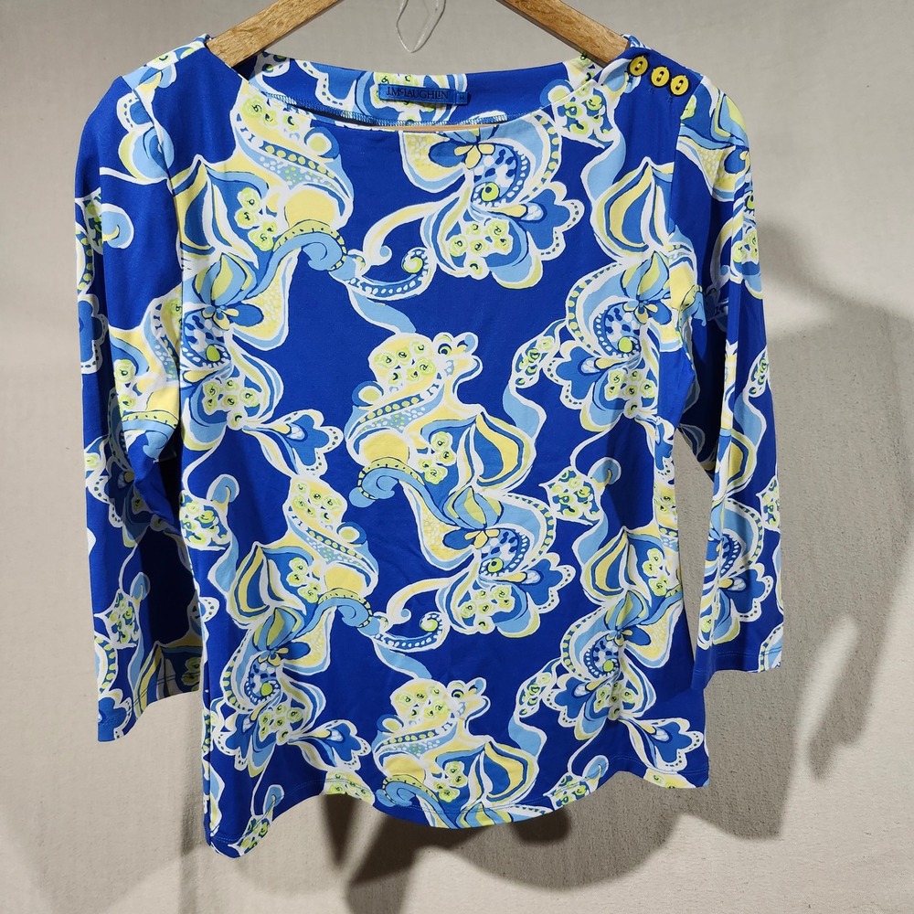 Blue Floral-Print Boatneck Blouse
